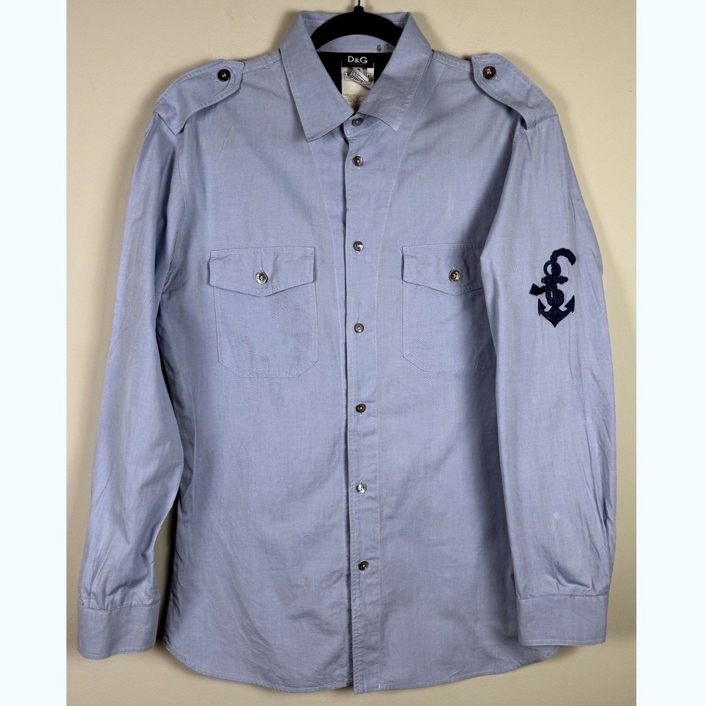 D&G Dolce &‎ Gabbana Mens Blue Military Anchor Patch Button Down Shirt 38/52 L